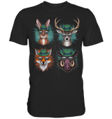 Wilde Jagd-Styles Shirt, schwarzes Shirt mit Motiv aus Hase, Hirsch, Fuchs und Wildschwein, Frontalansicht am Modell