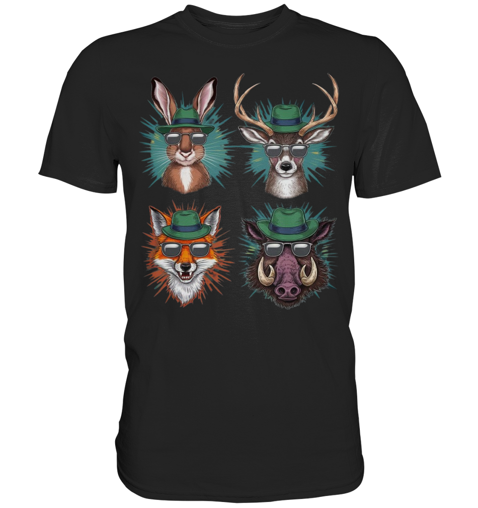 Wilde Jagd-Styles Shirt, schwarzes Shirt mit Motiv aus Hase, Hirsch, Fuchs und Wildschwein, Frontalansicht am Modell