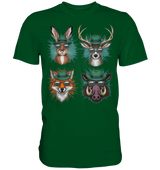 Wilde Jagd-Styles Shirt, tannengrünes Shirt mit Hase, Hirsch, Fuchs und Wildschwein in grünem Hut und Sonnenbrille
