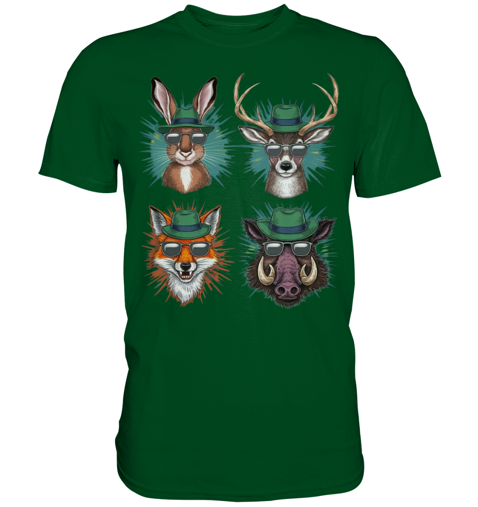 Wilde Jagd-Styles Shirt, tannengrünes Shirt mit Hase, Hirsch, Fuchs und Wildschwein in grünem Hut und Sonnenbrille