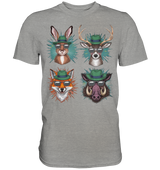 Wilde Jagd-Styles Shirt, graumeliertes Shirt mit Hase, Hirsch, Fuchs und Wildschwein als Brustdruck-Motiv