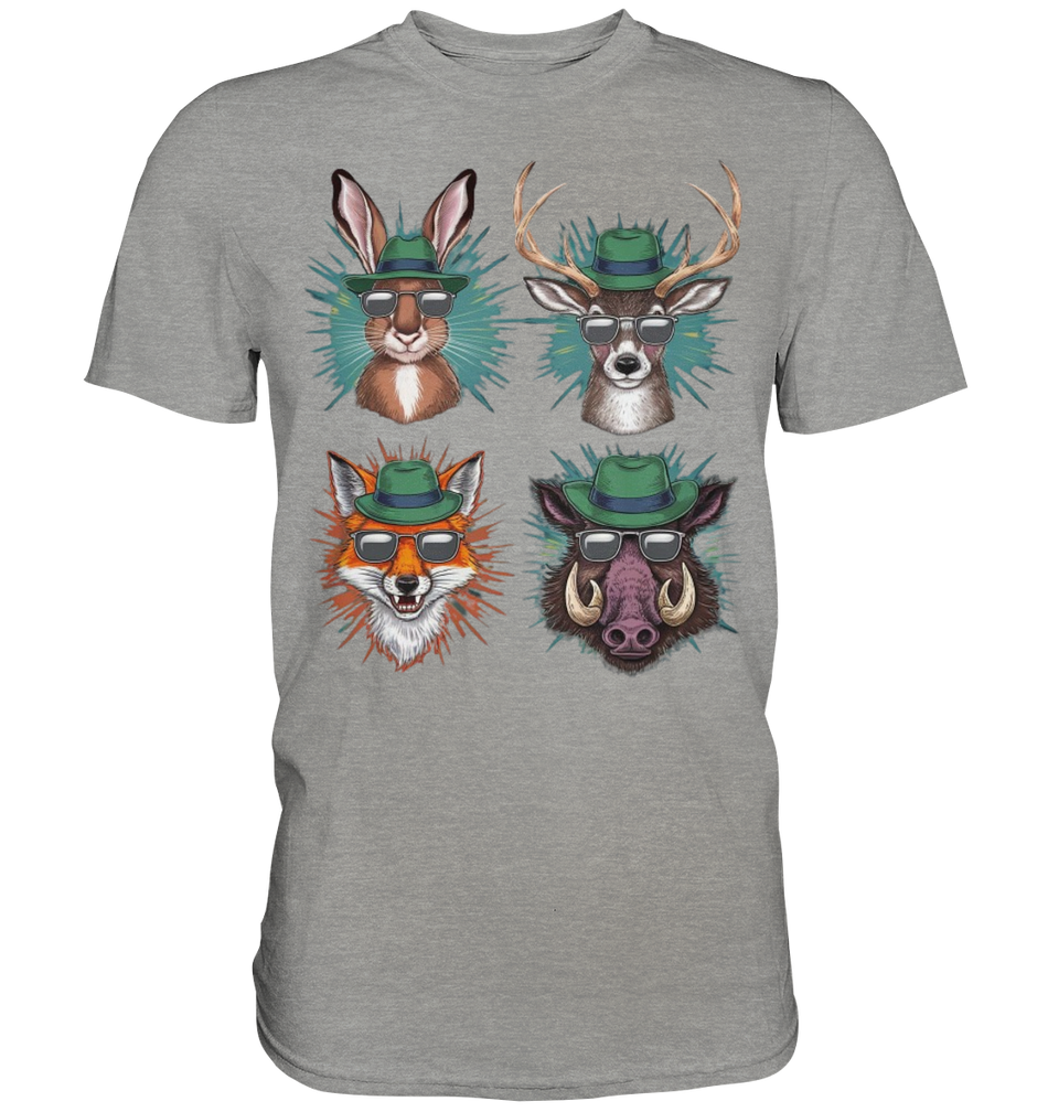 Wilde Jagd-Styles Shirt, graumeliertes Shirt mit Hase, Hirsch, Fuchs und Wildschwein als Brustdruck-Motiv