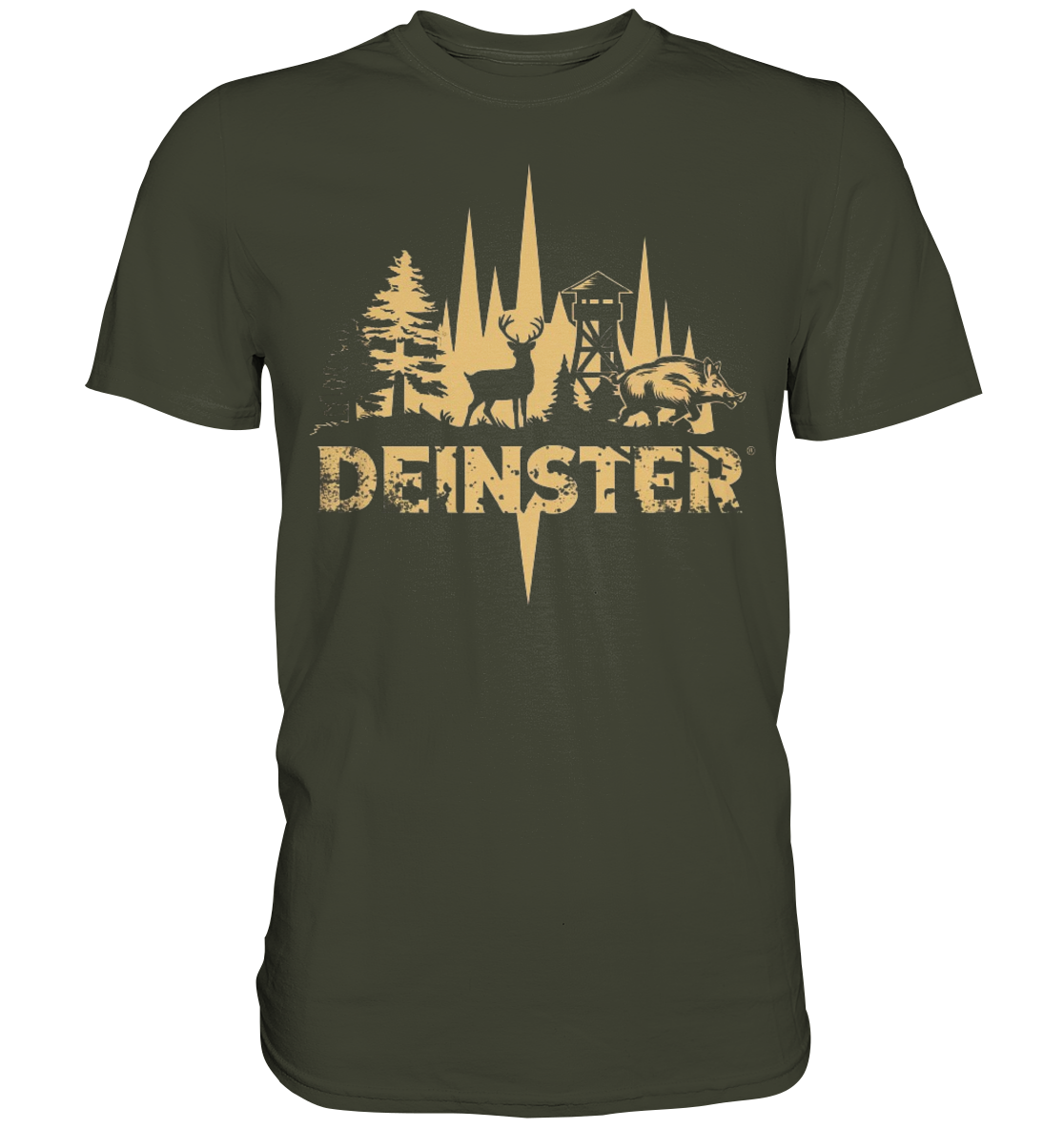 Deinster Premium Shirt in Oliv, Frontansicht mit Hirsch, Wildschwein und Hochsitz Motiv