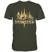 Deinster Premium Shirt in Oliv, Frontansicht mit Hirsch, Wildschwein und Hochsitz Motiv
