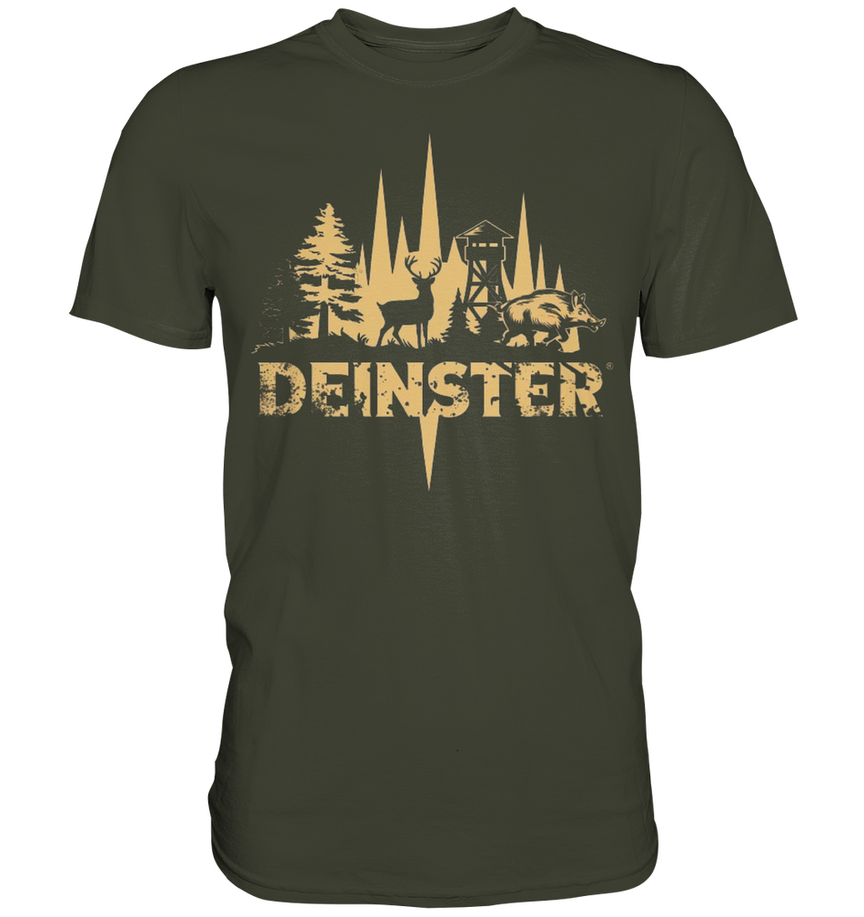 Deinster Premium Shirt in Oliv, Frontansicht mit Hirsch, Wildschwein und Hochsitz Motiv