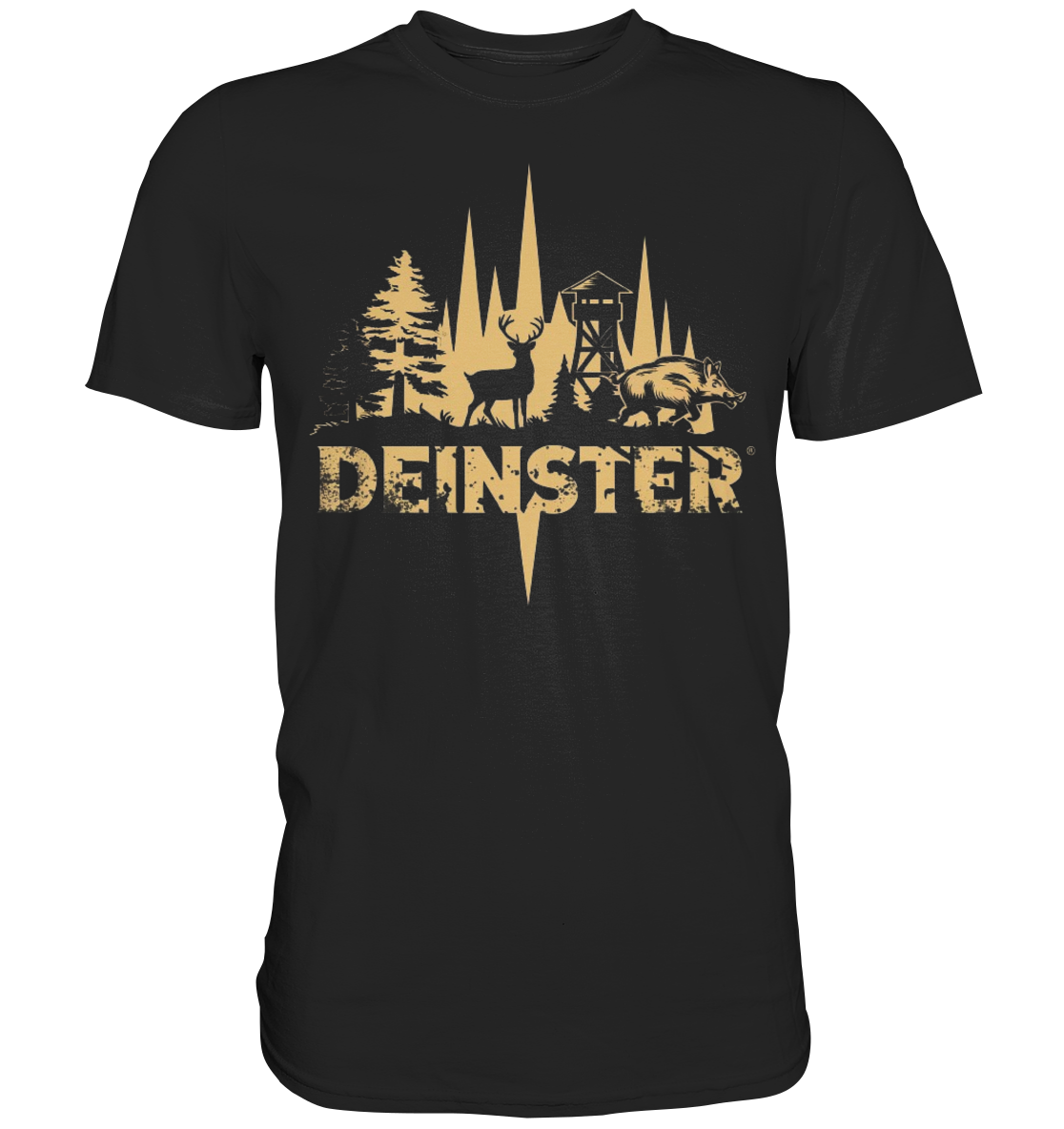Deinster Premium Shirt in Schwarz, Frontansicht mit Waldsilhouette, Hirsch und Wildschwein