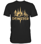 Deinster Premium Shirt in Schwarz, Frontansicht mit Waldsilhouette, Hirsch und Wildschwein