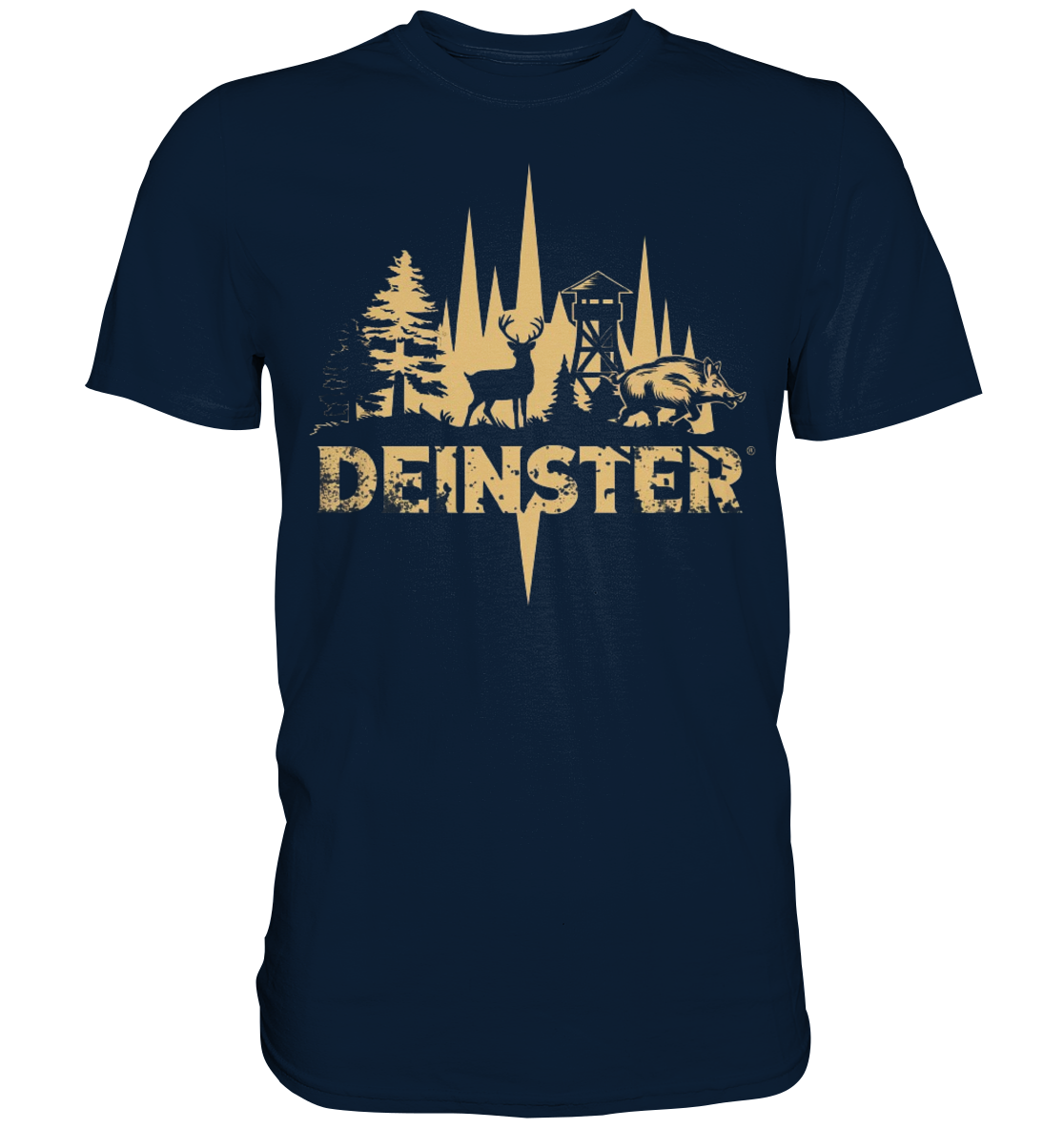 Deinster Premium Shirt in Navyblau, Frontansicht mit Reh, Keiler und Hochsitz in Beige
