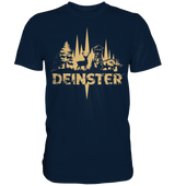 Deinster Premium Shirt in Navyblau, Frontansicht mit Reh, Keiler und Hochsitz in Beige