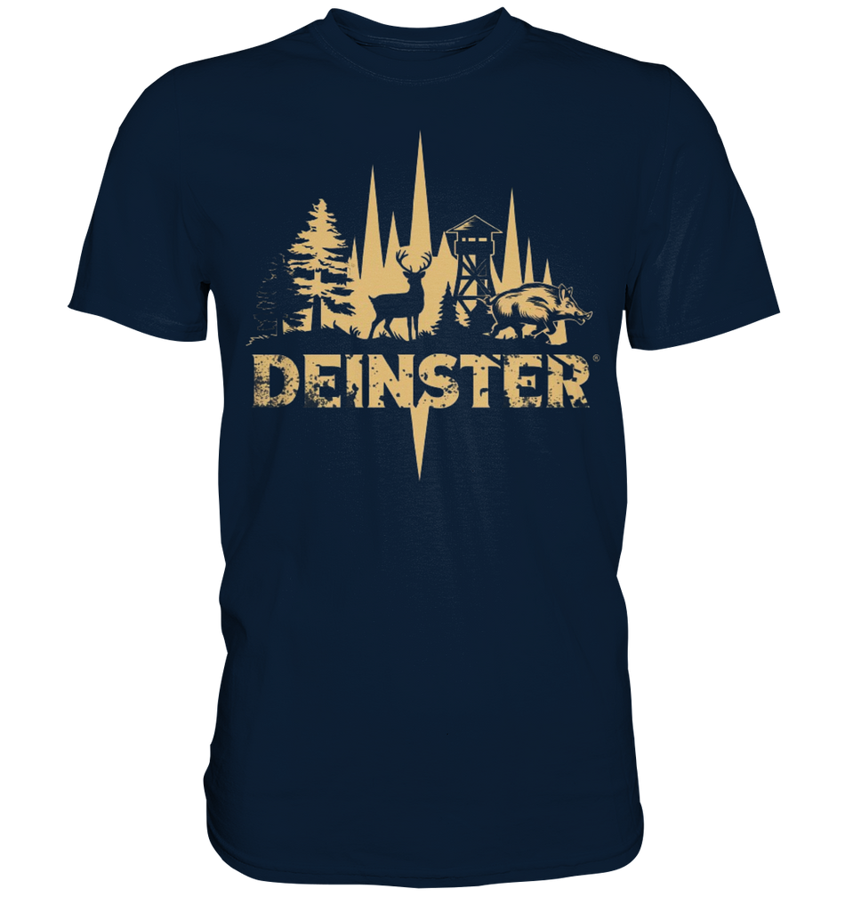 Deinster Premium Shirt in Navyblau, Frontansicht mit Reh, Keiler und Hochsitz in Beige