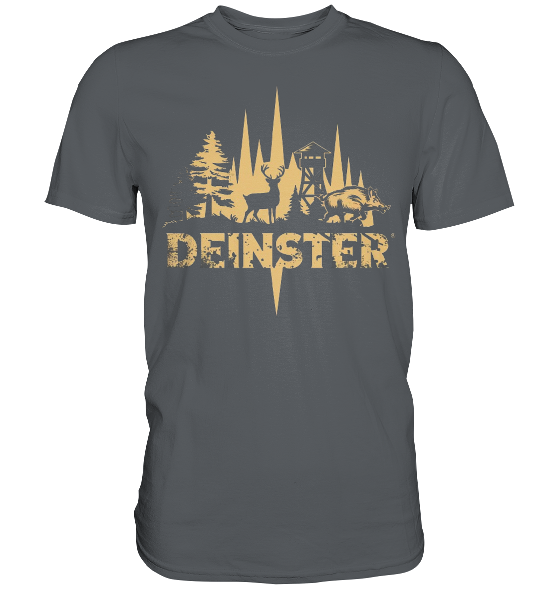 Deinster Premium Shirt in Dunkelgrau, Frontansicht mit Tannenwald und Deinster Schriftzug