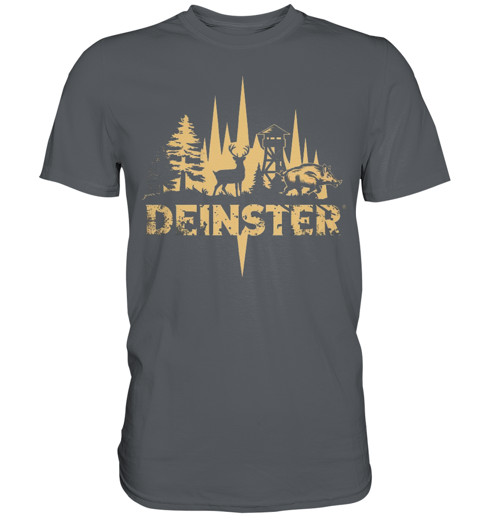 Deinster Premium Shirt in Dunkelgrau, Frontansicht mit Tannenwald und Deinster Schriftzug