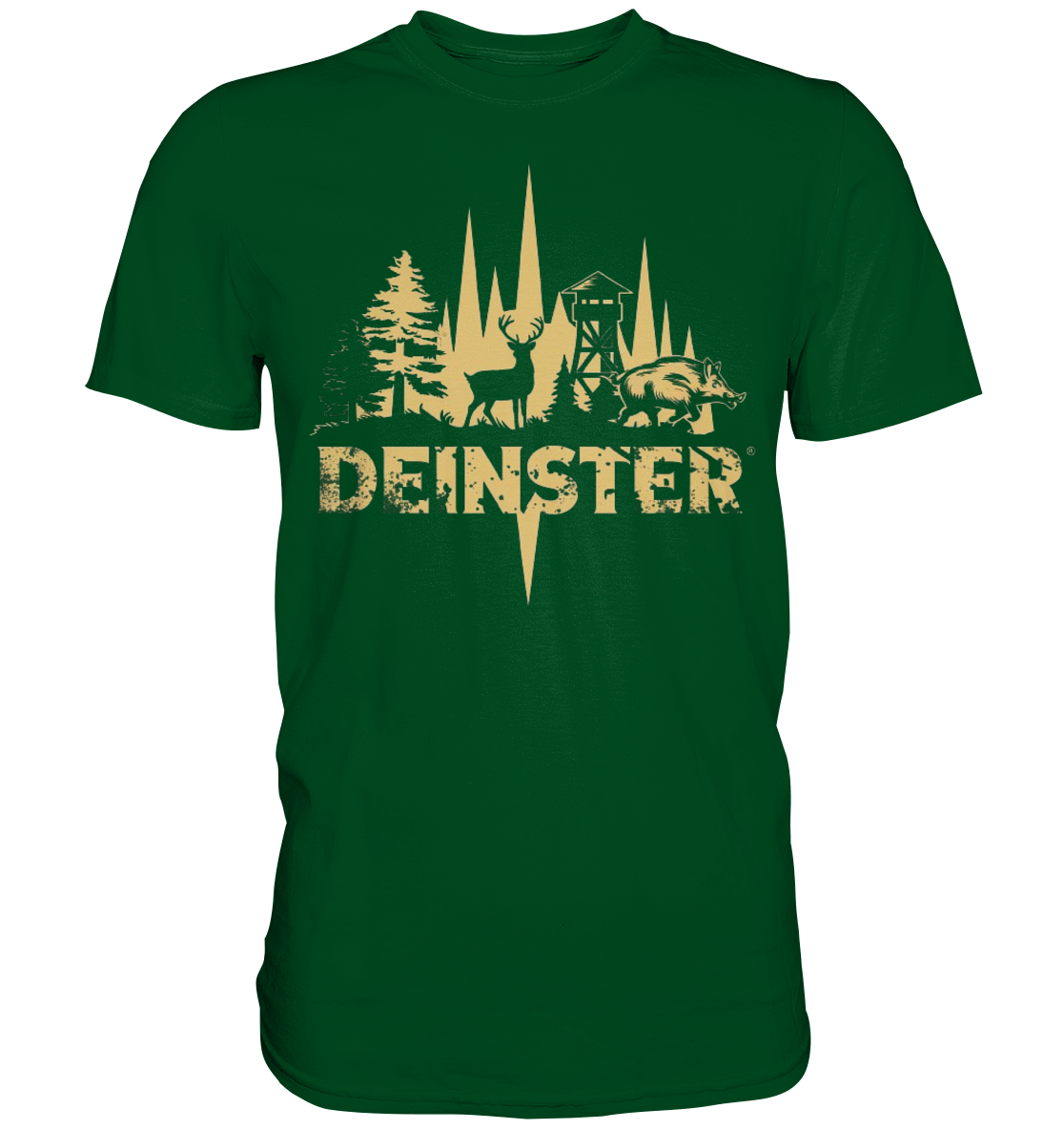 Deinster Premium Shirt in Dunkelgruen, Frontansicht mit Tannen, Hirsch und Wildschwein