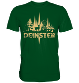 Deinster Premium Shirt in Dunkelgruen, Frontansicht mit Tannen, Hirsch und Wildschwein