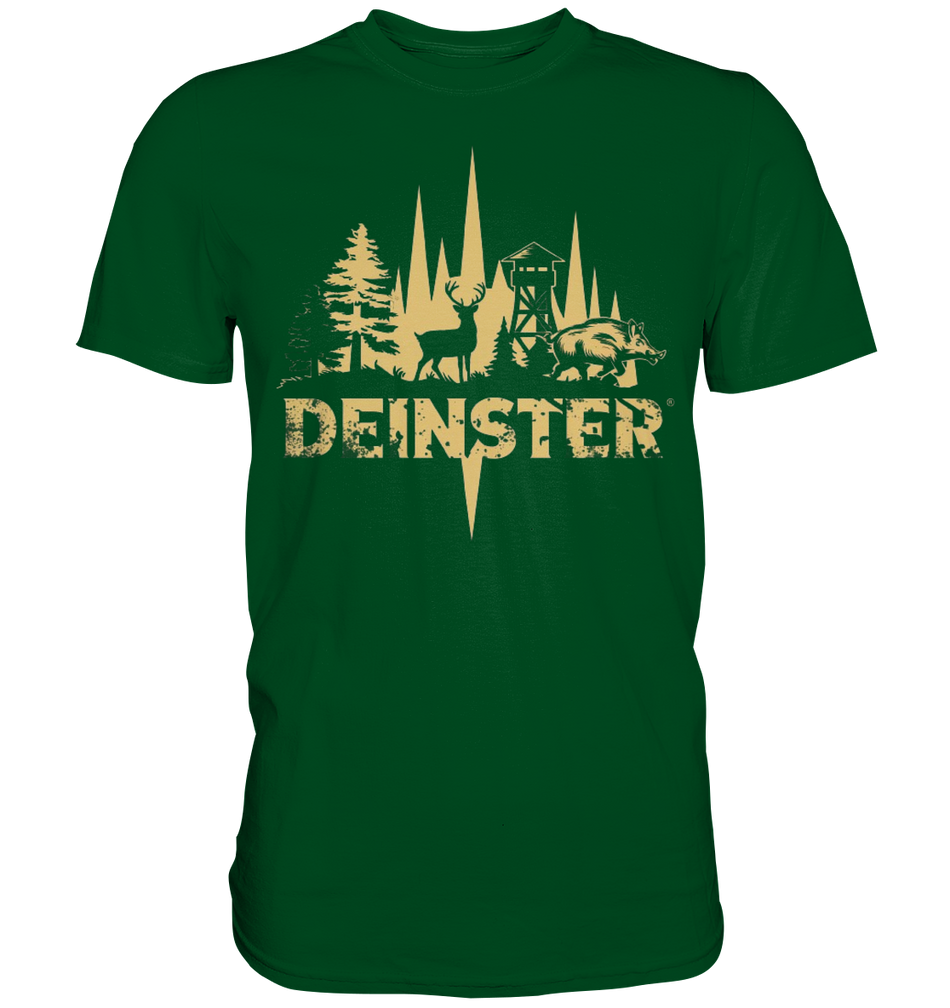Deinster Premium Shirt in Dunkelgruen, Frontansicht mit Tannen, Hirsch und Wildschwein