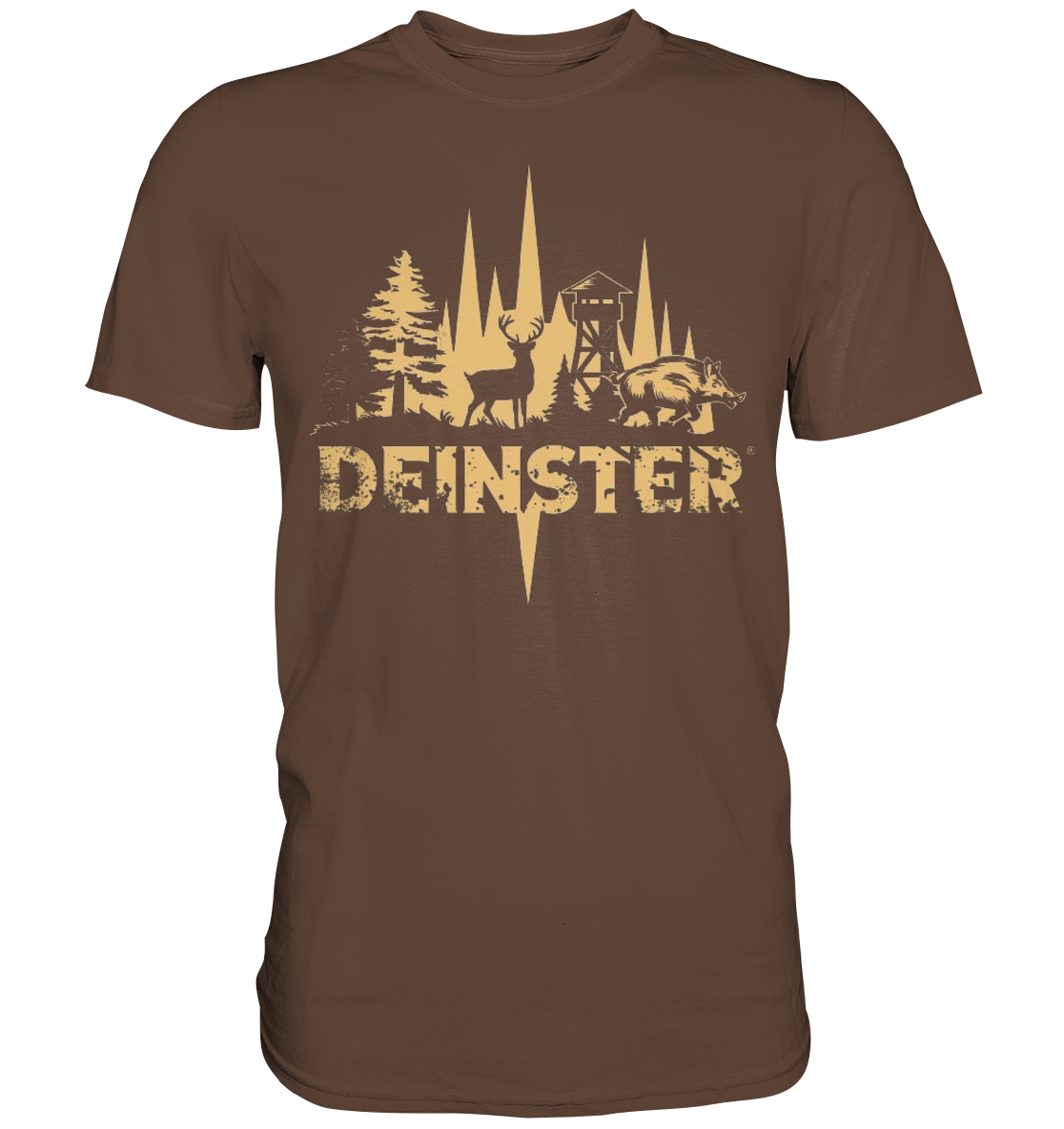 Deinster Premium Shirt in Braun, Frontansicht mit Reh, Keiler und Jagdhochsitz