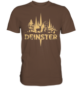 Deinster Premium Shirt in Braun, Frontansicht mit Reh, Keiler und Jagdhochsitz