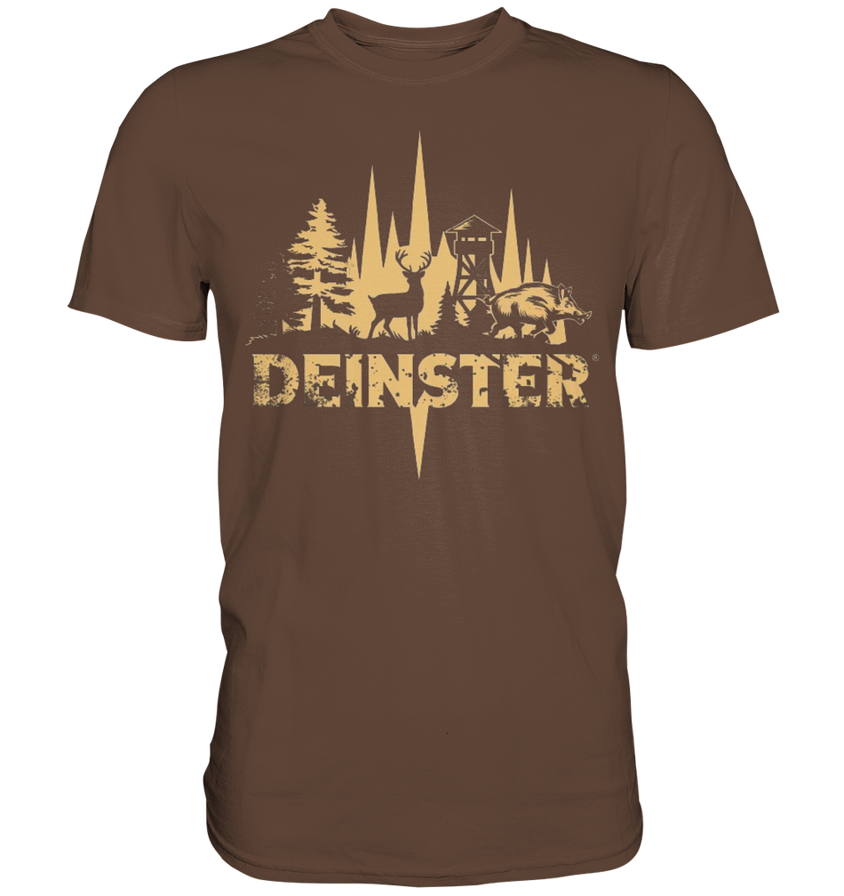 Deinster Premium Shirt in Braun, Frontansicht mit Reh, Keiler und Jagdhochsitz