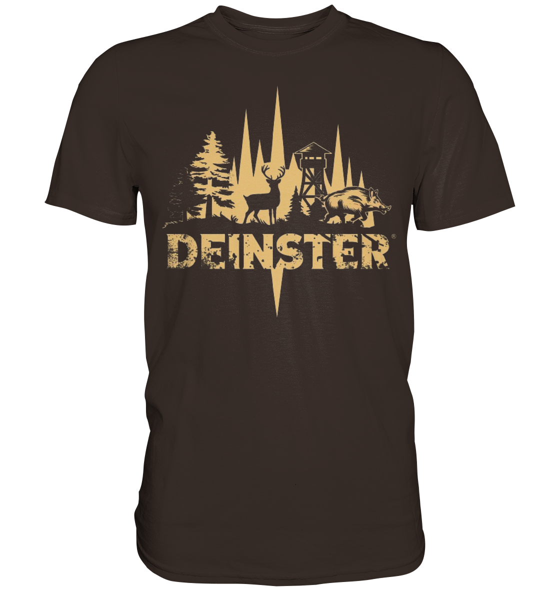 Deinster Premium Shirt in Dunkelbraun, Frontansicht mit Waldmotiv und grossem Schriftzug