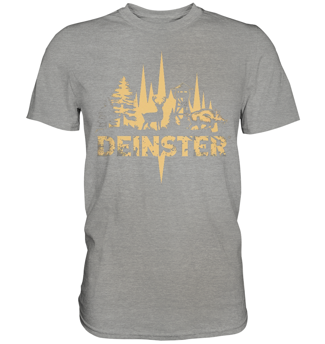 Deinster Premium Shirt in Graumeliert, Frontansicht mit Tannenwald, Hirsch und Jagdhochsitz
