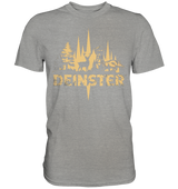 Deinster Premium Shirt in Graumeliert, Frontansicht mit Tannenwald, Hirsch und Jagdhochsitz