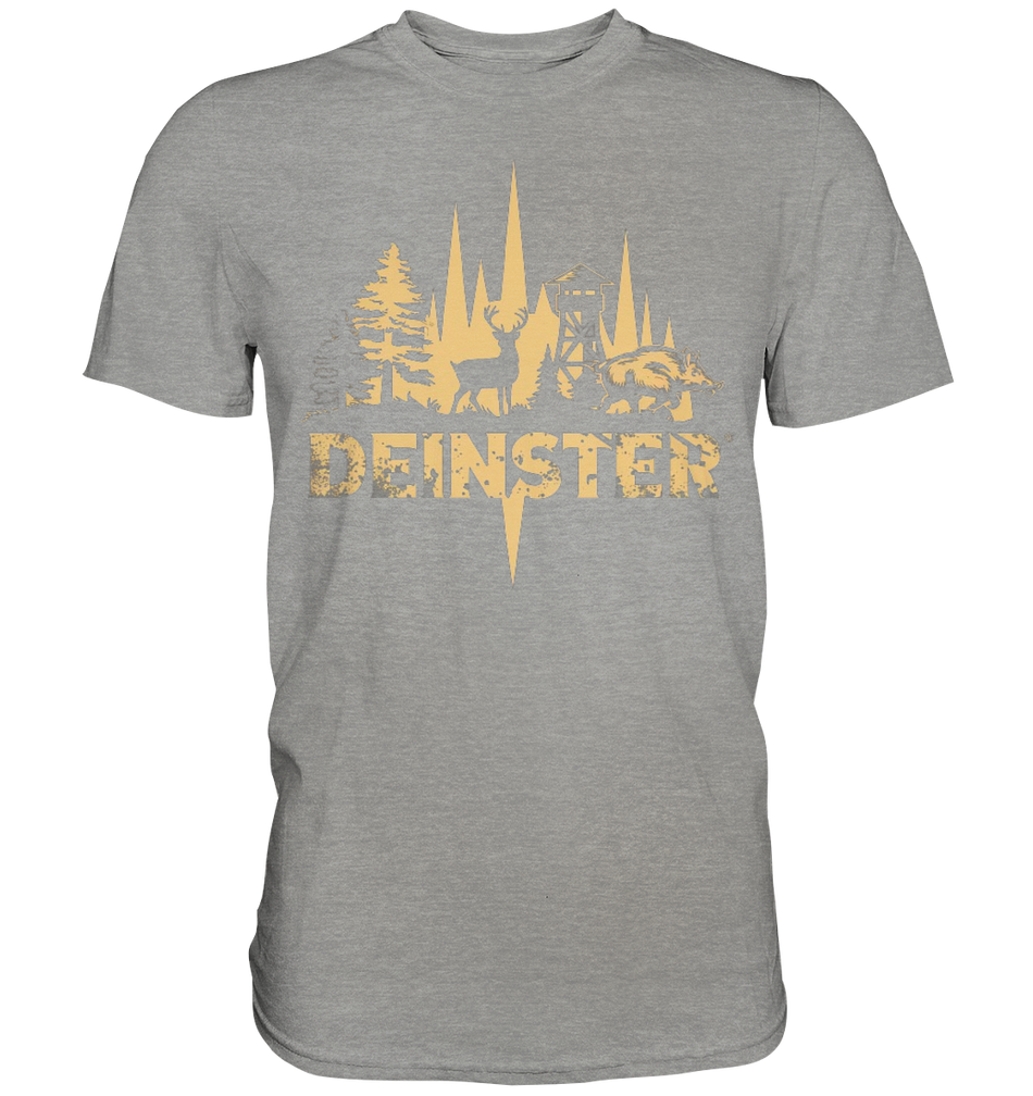 Deinster Premium Shirt in Graumeliert, Frontansicht mit Tannenwald, Hirsch und Jagdhochsitz