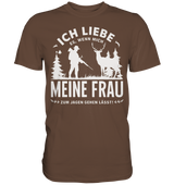 Ich liebe meine Frau Shirt in Rotbraun, Frontansicht mit weißem Jagdmotiv am Rundhalsausschnitt