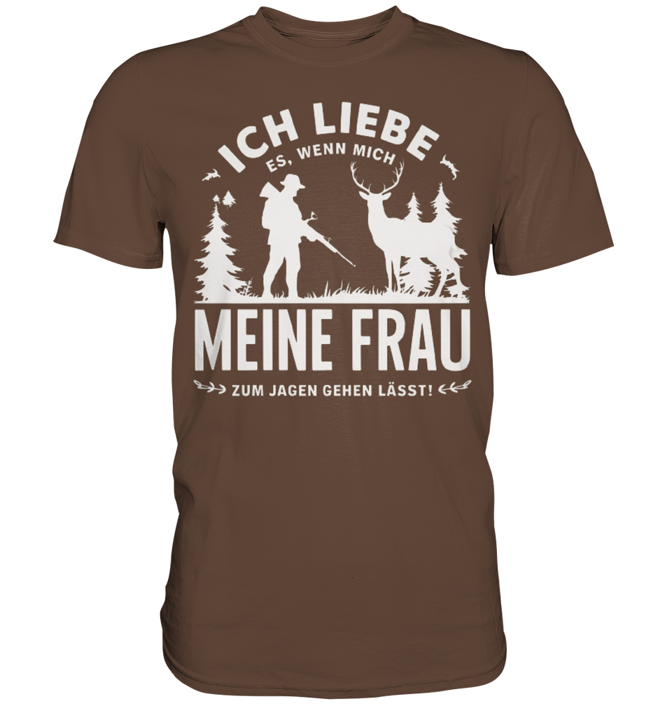 Ich liebe meine Frau Shirt in Rotbraun, Frontansicht mit weißem Jagdmotiv am Rundhalsausschnitt