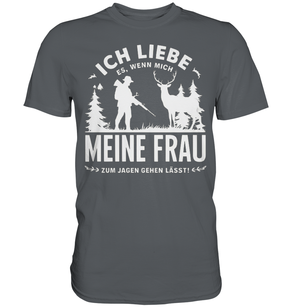 Ich liebe meine Frau Shirt in Anthrazit, Frontansicht mit großem Schriftzug Meine Frau und Waldmotiv