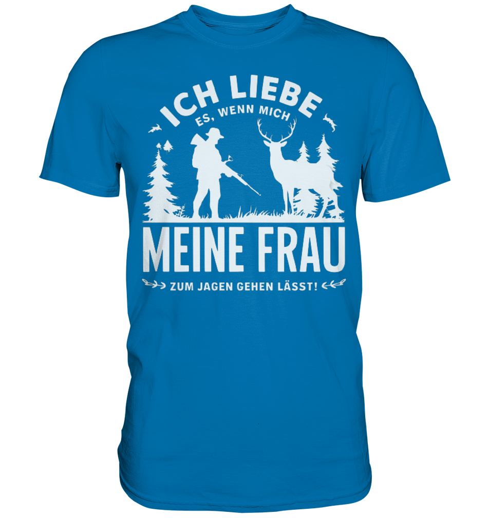 Ich liebe meine Frau Shirt in kräftigem Blau, Frontansicht mit Jäger-Silhouette und Pfeilornamenten