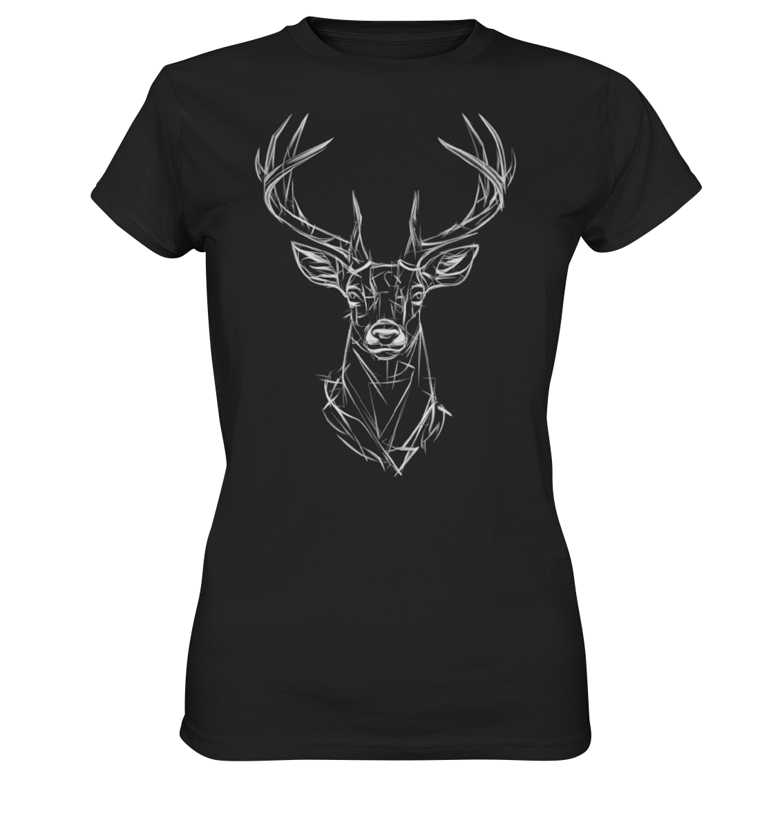 Jägerin Power Shirt in Schwarz mit Hirschkopf-Motiv in Linienoptik, Frontansicht