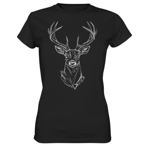 Jägerin Power Shirt in Schwarz mit Hirschkopf-Motiv in Linienoptik, Frontansicht