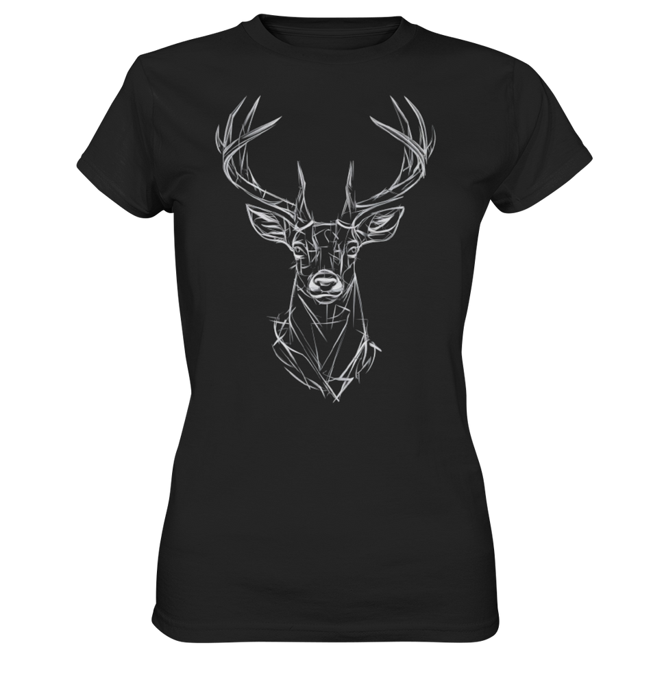 Jägerin Power Shirt in Schwarz mit Hirschkopf-Motiv in Linienoptik, Frontansicht