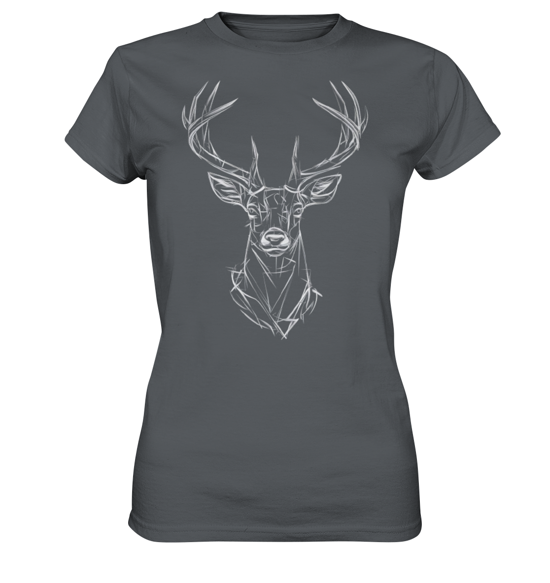 Jägerin Power Shirt in Dunkelgrau mit Hirschkopf-Print in Weiss, kurze Aermel