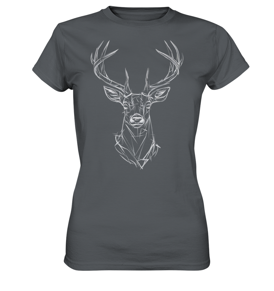 Jägerin Power Shirt in Dunkelgrau mit Hirschkopf-Print in Weiss, kurze Aermel