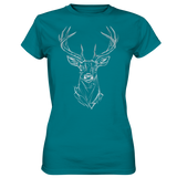 Jägerin Power Shirt in Petrol mit Hirschkopf-Motiv in Silber-Weiss, Frontansicht