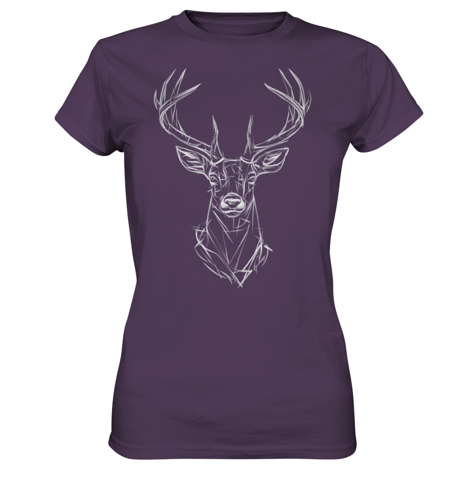 Jägerin Power Shirt in Aubergine mit geometrischem Hirschkopf-Print, Frontansicht