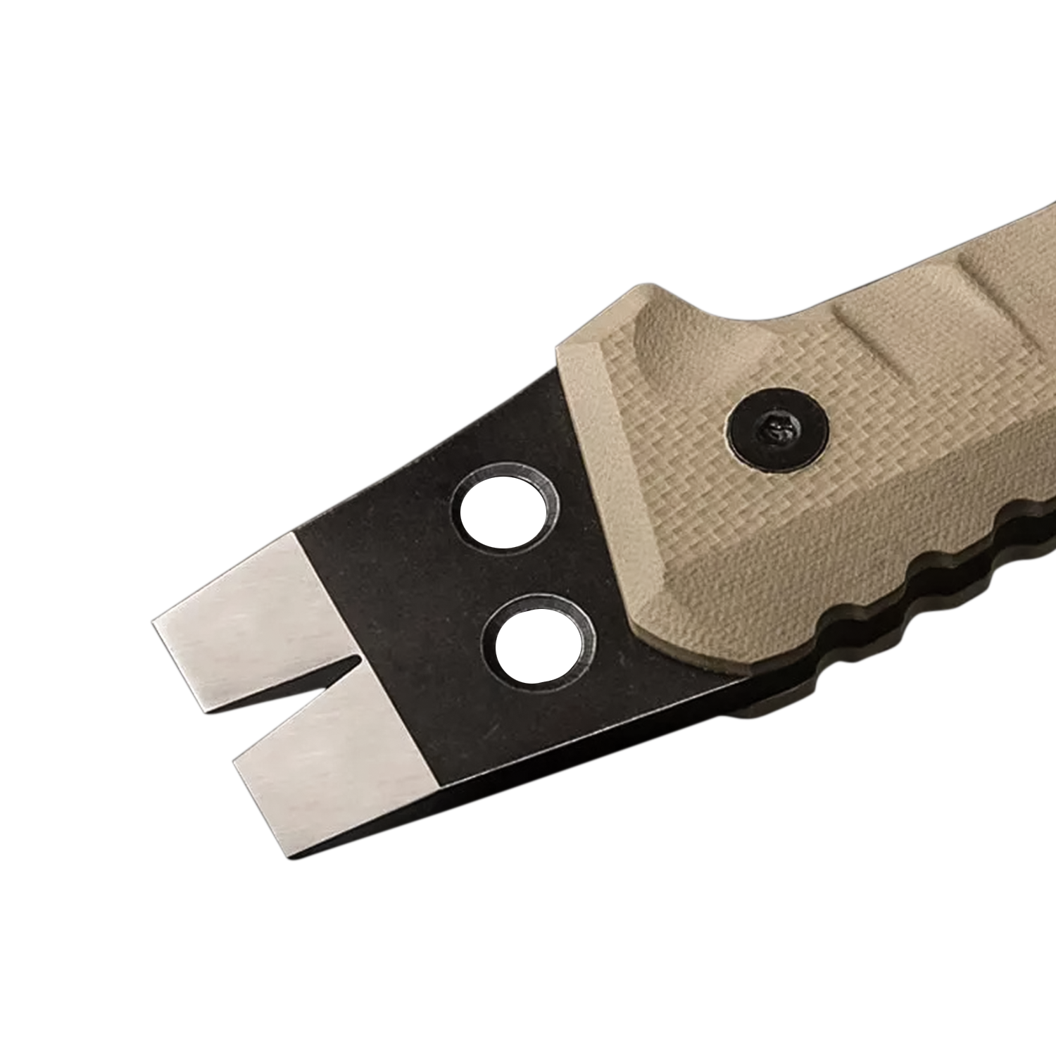 BergWolf Axt, Detailaufnahme des gegabelten Endstuecks mit zwei Bohrungen und Griffprofil