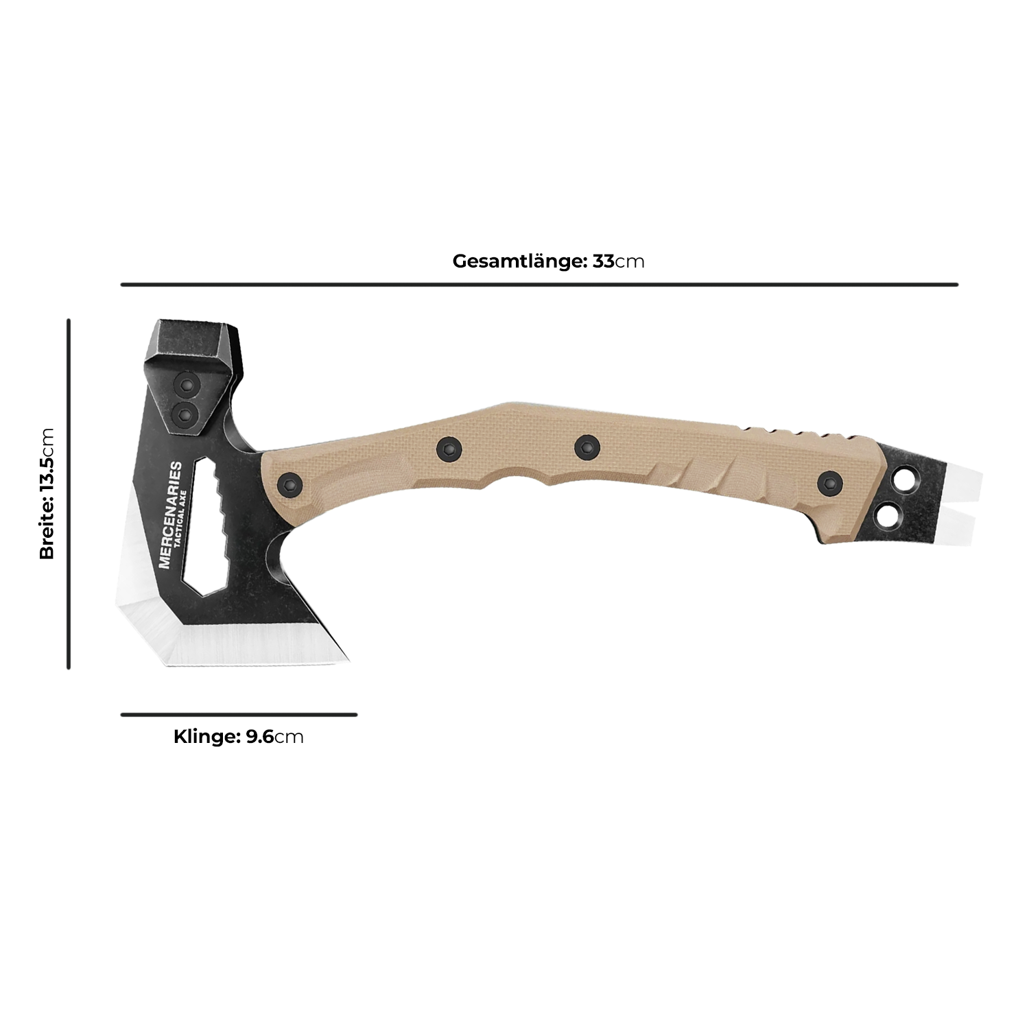BergWolf Axt, Masszeichnung mit Gesamtlaenge 33 cm, Breite 13,5 cm und Klingenlaenge 9,6 cm