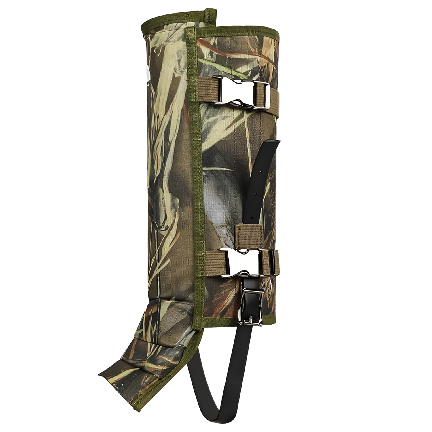 Jagdgamasche im Camouflage-Muster freigestellt, Seitenansicht mit Schnalle und schwarzem Riemen