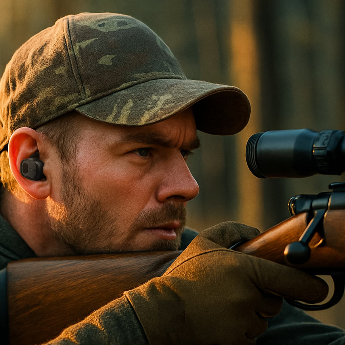 HD-30 Jagdgehörschutz Pro, Jäger mit Gewehr im Anschlag und Ohrstöpsel im Ohr, Nahaufnahme im Wald