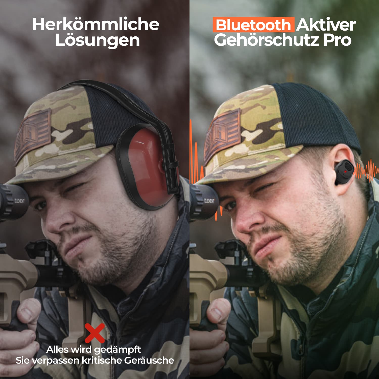 HD-30 Jagdgehörschutz Pro, Vergleich Jäger mit rotem Kapselgehörschutz und mit Bluetooth-Ohrstöpsel