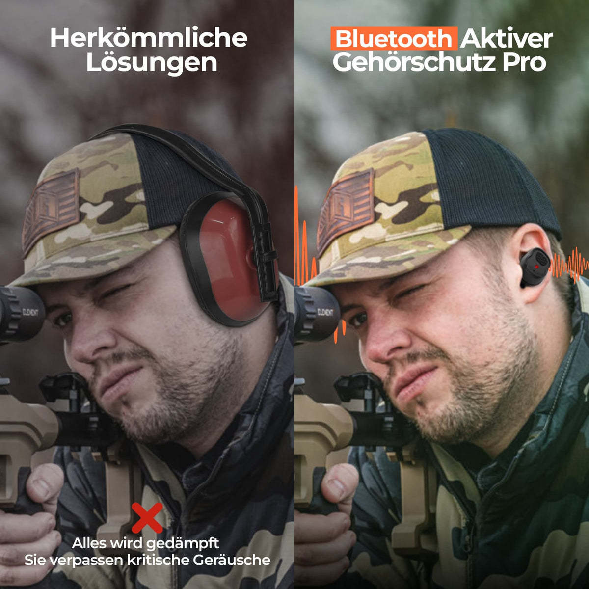 HD-30 Jagdgehörschutz Pro, Vergleich Jäger mit rotem Kapselgehörschutz und mit Bluetooth-Ohrstöpsel