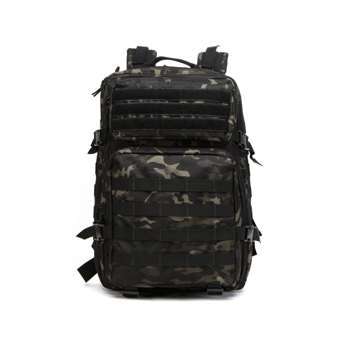 Felsrücken Jagdrucksack in schwarzem Multicam, Frontansicht mit MOLLE-System, Freisteller