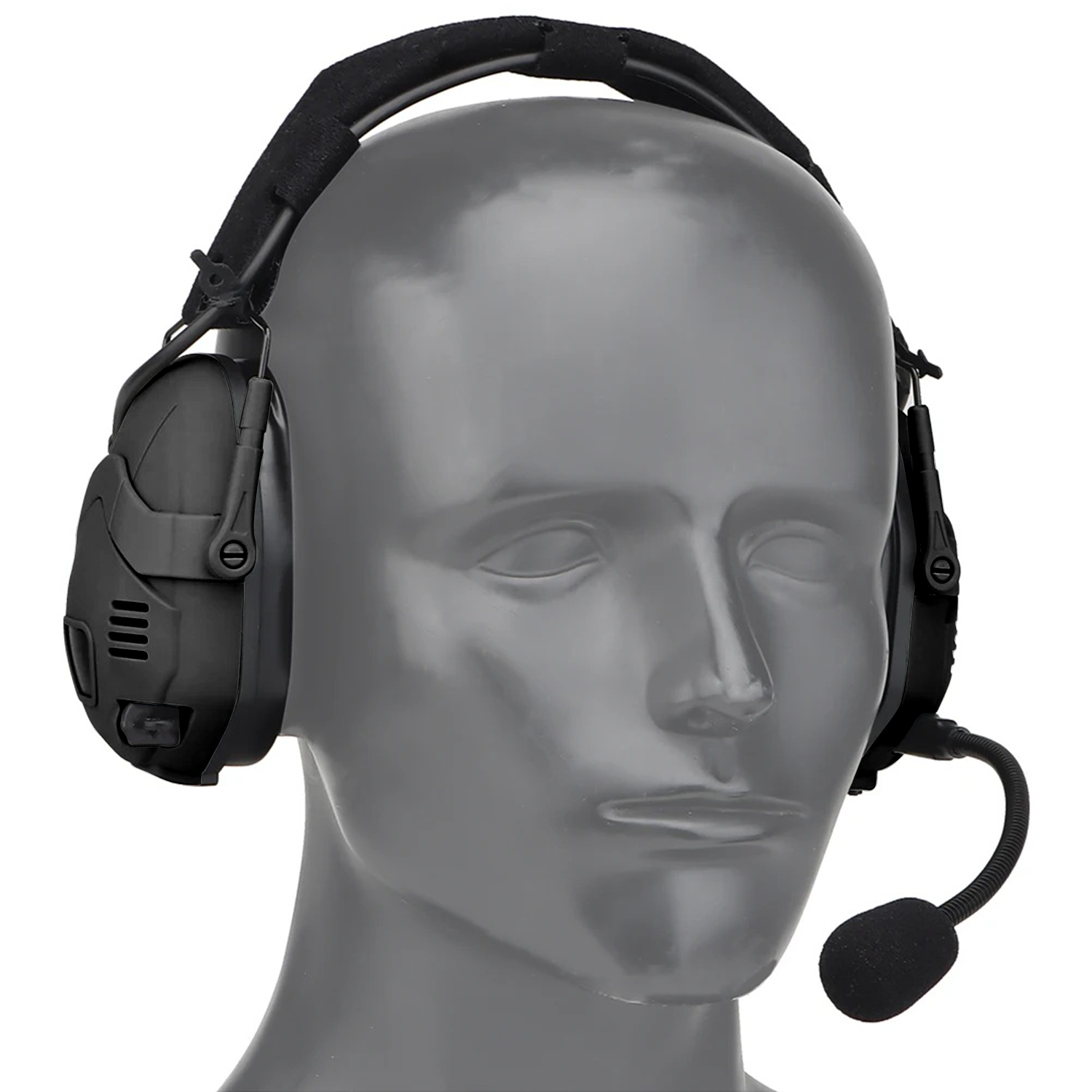 EchoGuard Pro Kapselgehörschutz in Schwarz am Kopf getragen, Seitenansicht ohne Helm