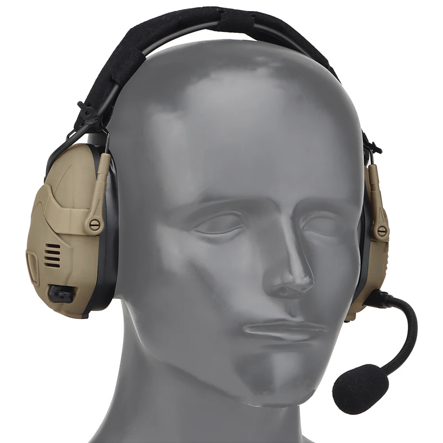 EchoGuard Pro Kapselgehörschutz in Coyote Braun am Kopf getragen, Seitenansicht ohne Helm