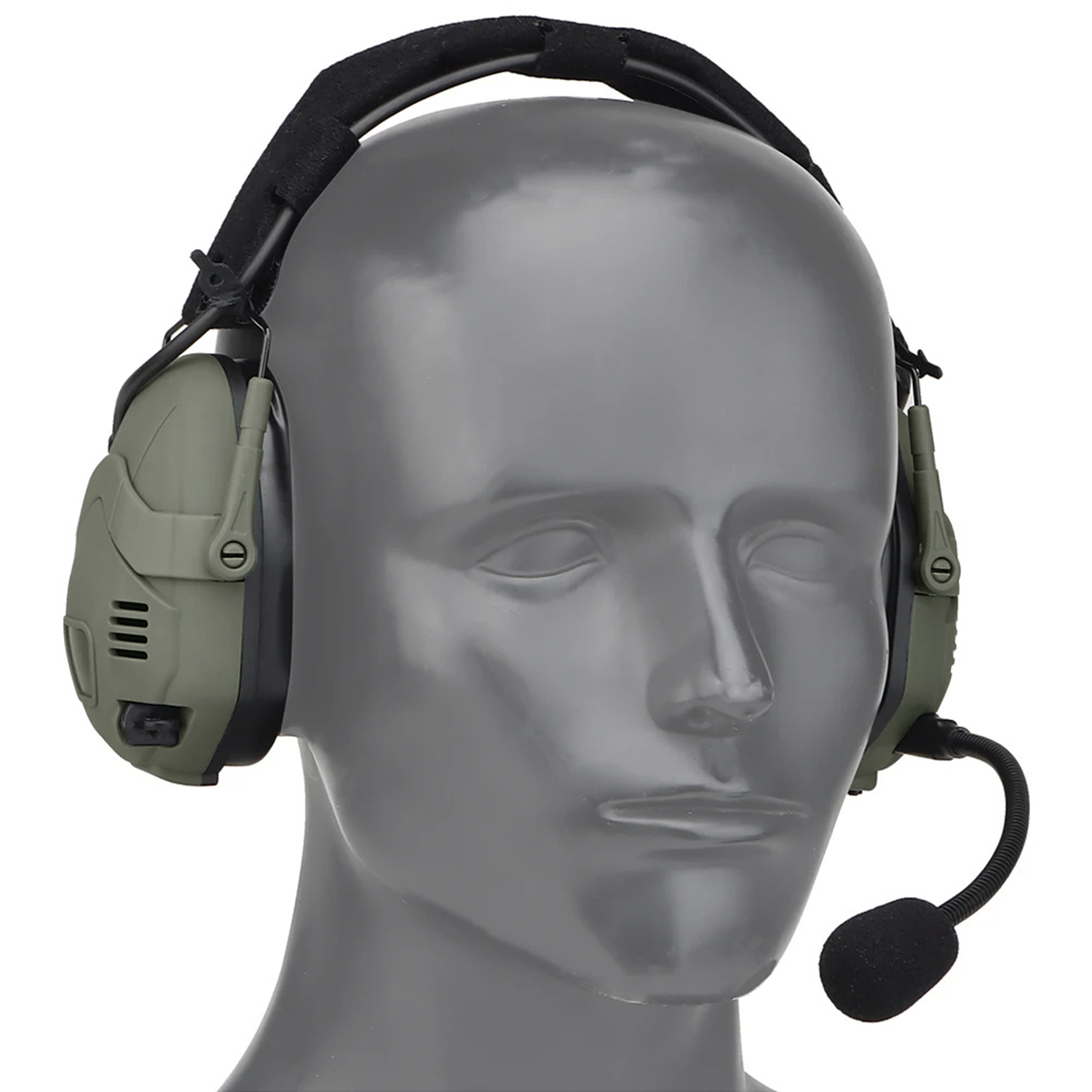 EchoGuard Pro Kapselgehörschutz in Oliv am Kopf getragen, Seitenansicht ohne Helm