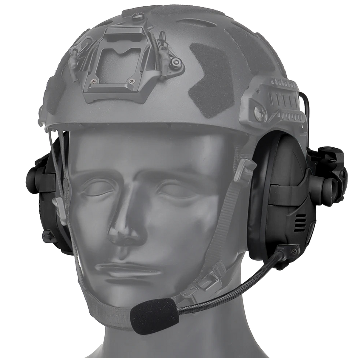 EchoGuard Pro Kapselgehörschutz in Schwarz per Schienenadapter am Helm montiert, Dreiviertelansicht