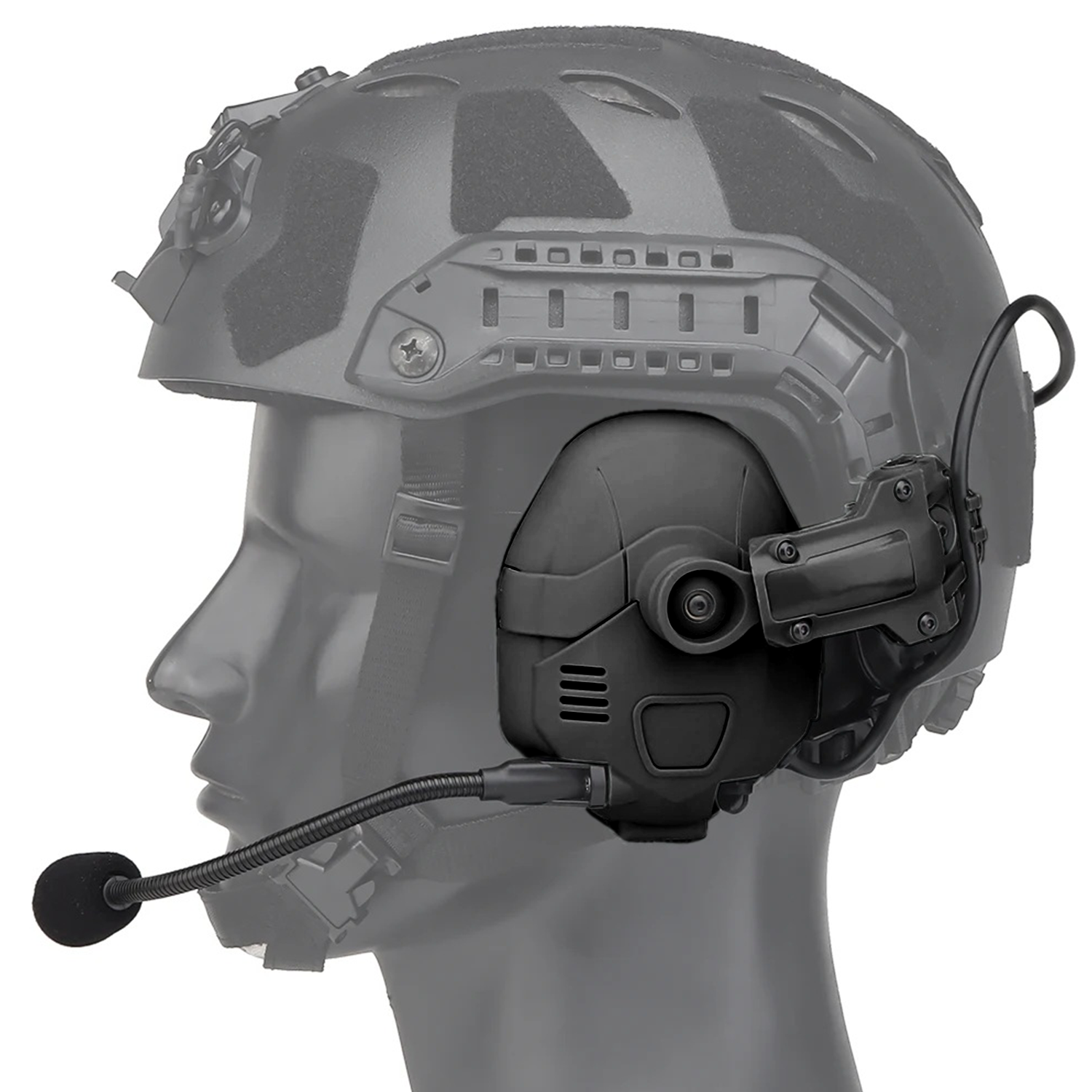 EchoGuard Pro Kapselgehörschutz in Schwarz am Helm, Profilansicht von der Seite