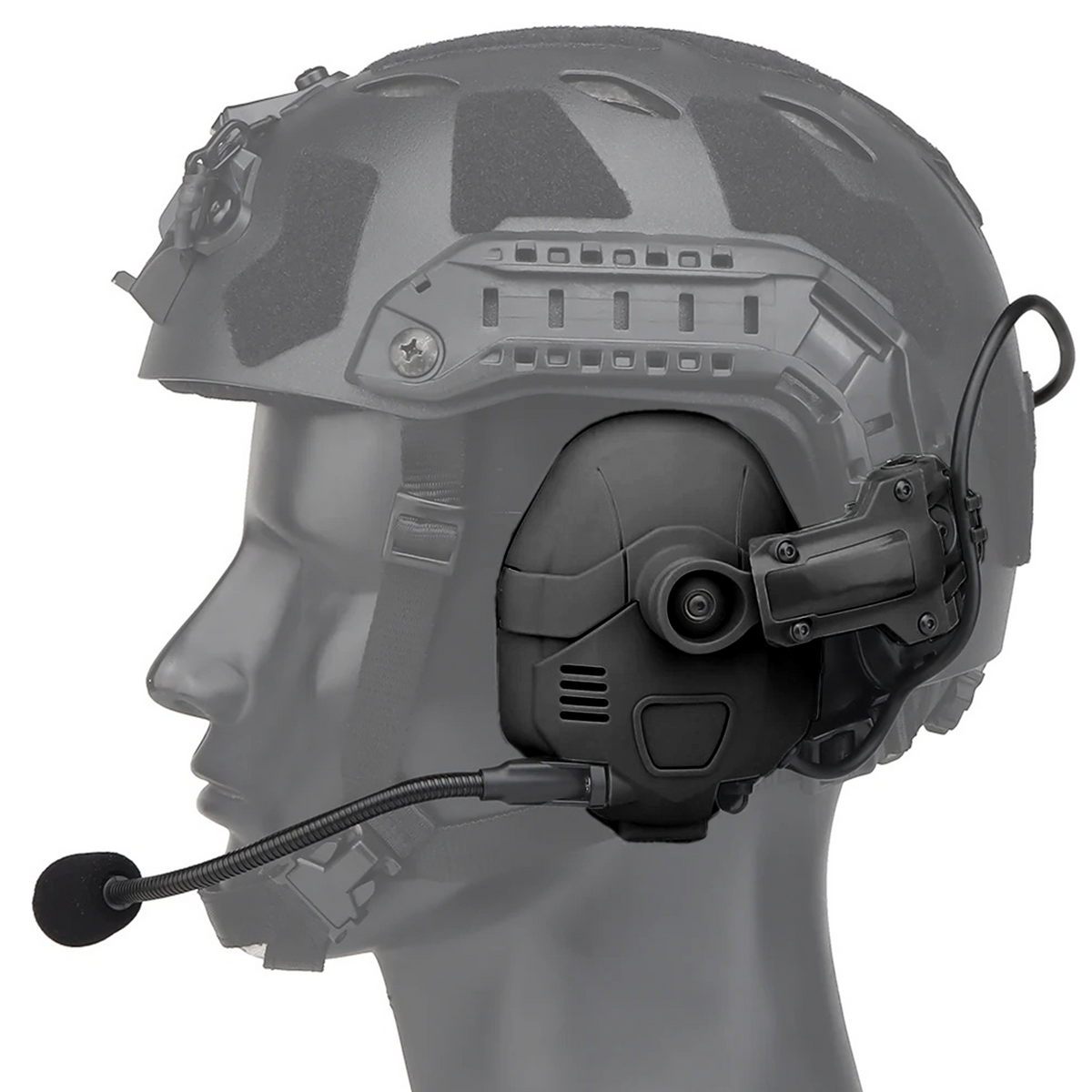 EchoGuard Pro Kapselgehörschutz in Schwarz am Helm, Profilansicht von der Seite